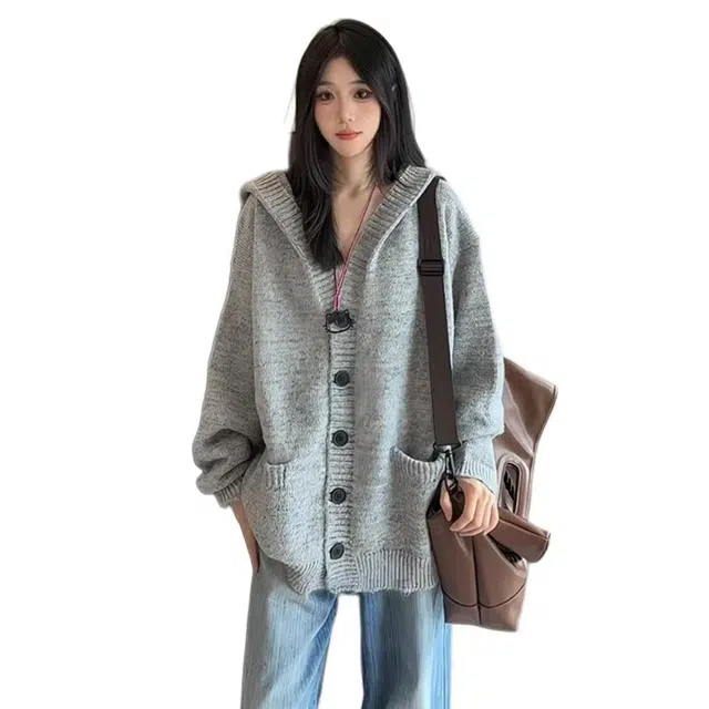 华夏儿女 美式风格大帽沿连帽设计宽松款型舒适休闲毛衣上衣韩系慵懒高级感秋季穿搭针织衫 男女同款