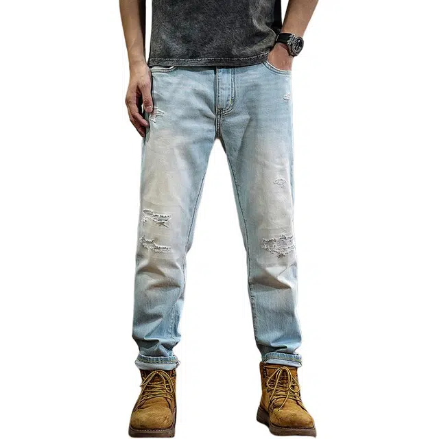 遨宇 高街破洞美式经典复古潮流高街风潮牌做旧水洗小脚裤户外百搭直筒牛仔裤 男款