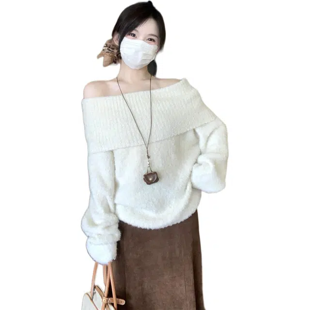 思蓓儿 秋冬韩版慵懒软糯一字肩套头露肩长袖女上衣针织衫 女款