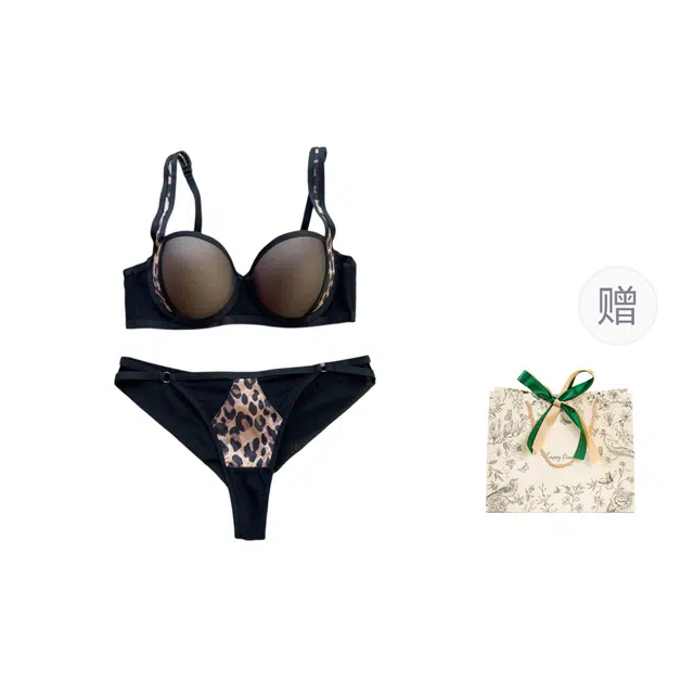 皇室品轩 豹纹撞色小胸聚拢蕾丝女士性感上托防下垂收副乳丁裤文胸内衣裤套装 女款