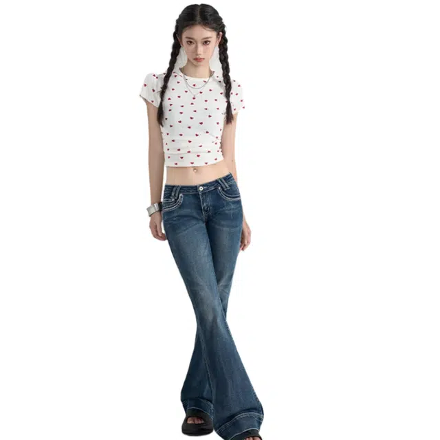 苏九儿 美式复古水洗蓝拖地辣妹弹力超低腰微喇 牛仔裤 女款