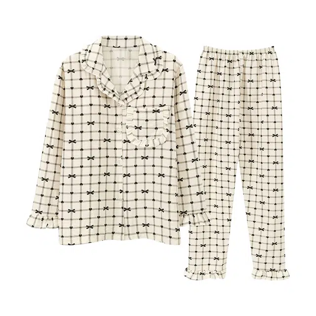 橡柠派 小清新格子设计感亲肤蝴蝶结可爱长袖长裤两件套高级感柔软带胸垫开衫甜美时尚 睡衣套装 女款