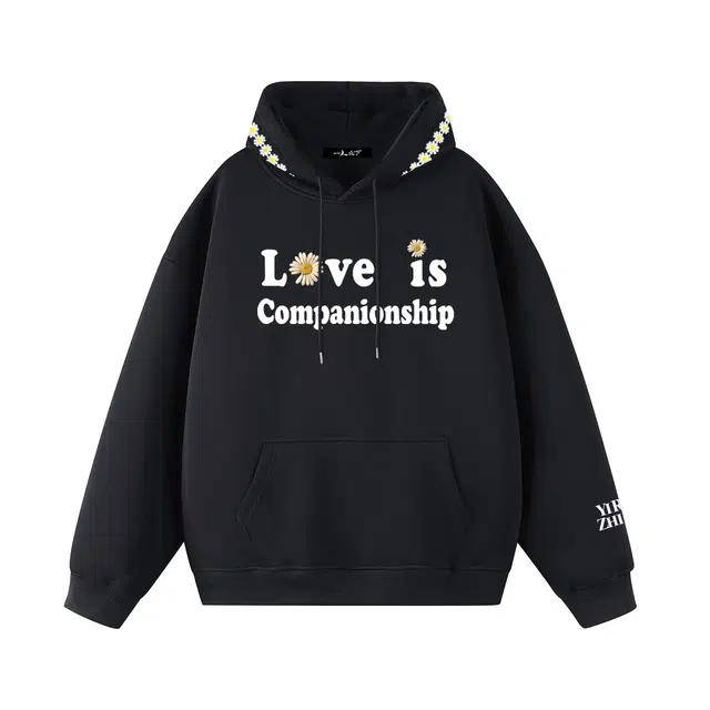 一人之下 美式休闲植物花卉小雏菊字母印花个性百搭日常通勤宽松舒适时尚潮流落肩长袖连帽卫衣 男女同款