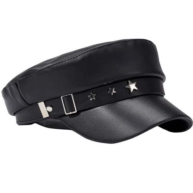 杨同学 韩式复古五角星皮带扣海军帽 皮革 帽子 女款 黑色/米色
