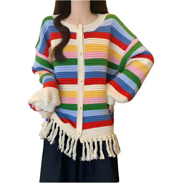 荟萃阁 彩虹条纹流苏休闲宽松显瘦遮肉外套女针织衫 女款