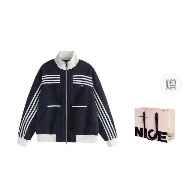 水田夏 美式条纹撞色户外男秋高街潮牌复古外套小众宽松休闲立领上衣夹克 男款