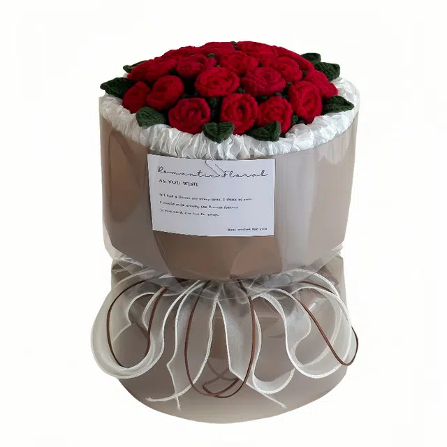 歌绒 成品针织毛线花多头泡泡 玫瑰花束 玩偶周边