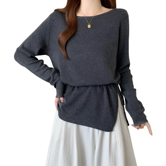 荟萃阁 百搭长袖抽绳系带设计感不对称上衣针织衫 女款