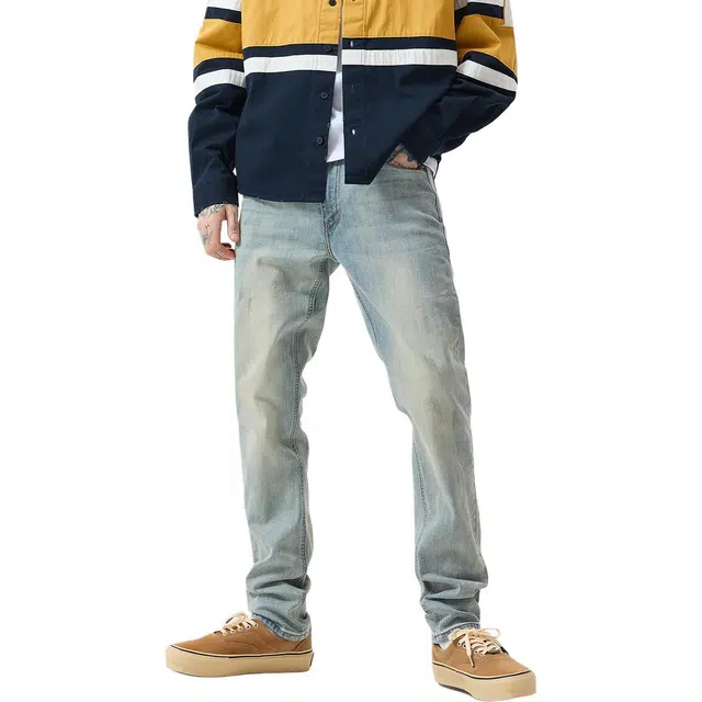 逆腾 秋季美式高街长裤男黄泥色复古修身裤子男士耐磨直筒小脚牛仔裤 男款