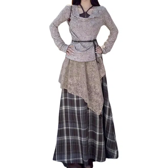 小卷要加油 收腰假两件长袖上衣显瘦百搭拼接半身裙两件套女裙装套装 女款