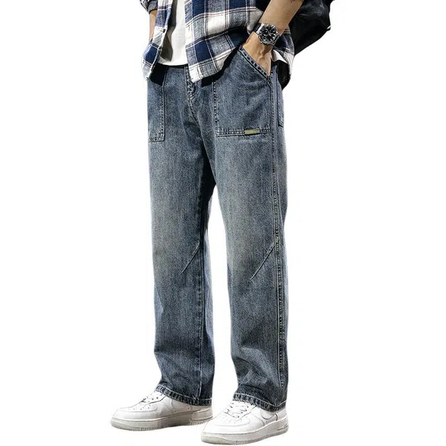 遨宇 美式经典复古潮牌潮流水洗做旧宽松直筒牛仔裤 男款