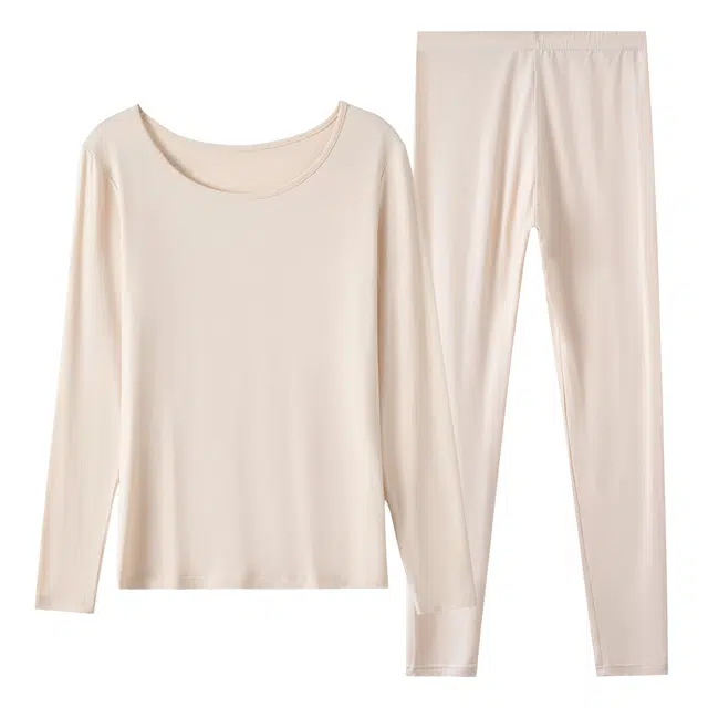 睦隆世家 秋冬季圆领纯棉高克重抗菌防螨秋衣秋裤舒适柔软修身无痕打底时尚简约上衣+裤子保暖套装 女款