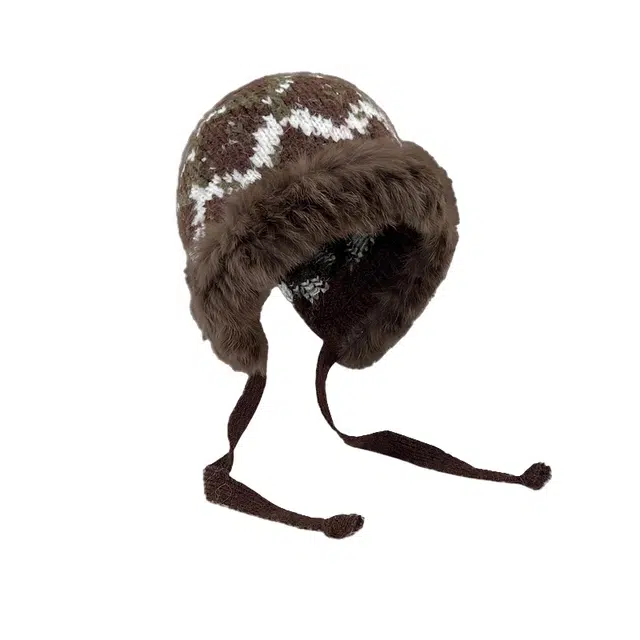 钓鱼熊 提花秋冬保暖防寒毛绒绑带民族风护耳百搭显脸小 聚酯纤维 绒线帽 男女同款情侣款