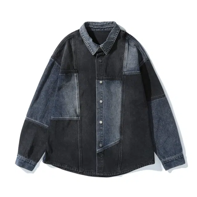 希越 美式拼接牛仔衬衫外套潮牌复古撞色宽松大码工装夹克 男款