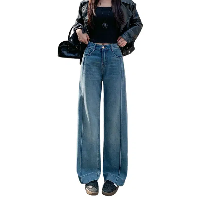 荟萃阁 美式复古阔腿设计感宽松百搭直筒长裤牛仔裤 女款