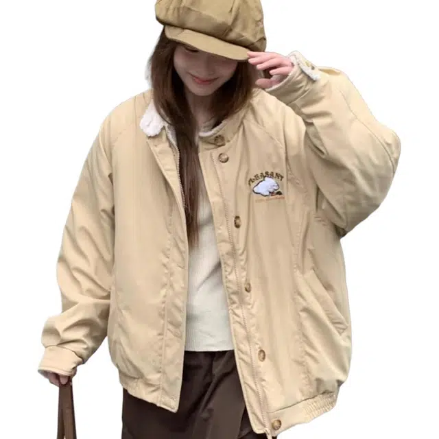 小卷要加油 刺绣美式毛毛女冬季小个子夹克棉衣超好看羊羔毛外套棉服 女款