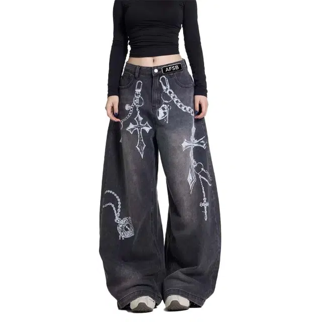 艾梵斯贝 美式复古潮流水洗链条印花小众设计款无性别日常通勤百搭宽松个性时尚高级感高街风垂感休闲牛仔裤 男女同款