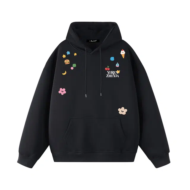 一人之下 美式休闲可爱风小汉堡冰淇淋香蕉樱桃字母印花个性潮流时尚百搭春秋款通勤日常落肩长袖连帽卫衣 男女同款