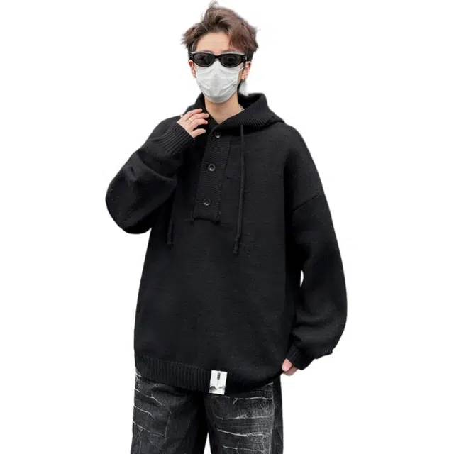 布客行 【复古套头连帽毛线衣】美式老钱风宽松休闲纯色设计无性别主义舒适软糯纽扣装饰潮流百搭慵懒感长袖针织衫 男女同款