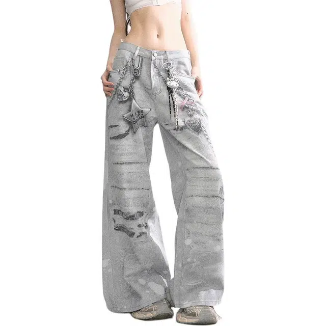 洋气先生 美式高街复古水洗做旧磨白个性满印链条小众设计感时尚潮流帅气百搭休闲阔腿垂感中腰直筒显高显瘦氛围感牛仔裤 男女同款