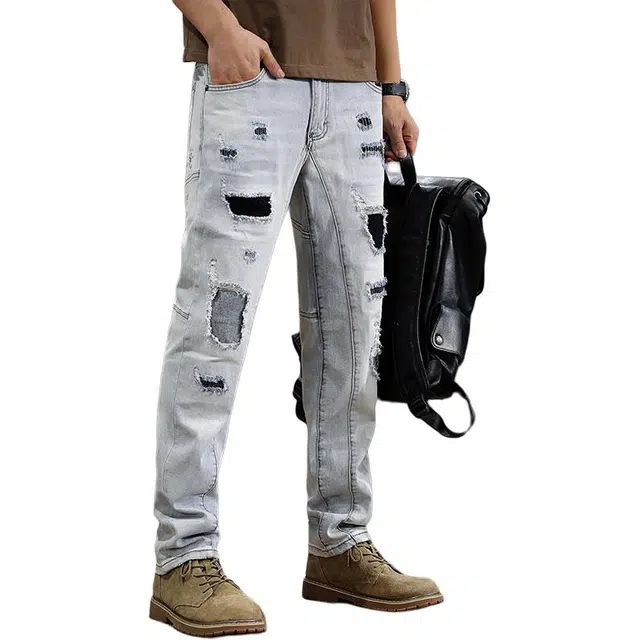遨宇 秋季美式经典复古潮牌水洗中性风潮流破洞补丁高街刺绣休闲户外百搭修身直筒长裤牛仔裤 男款