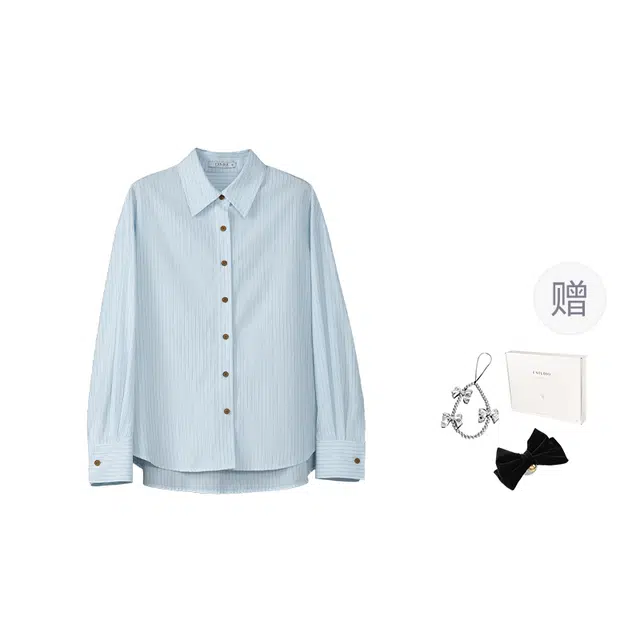 法儿家 雨蓝信笺早秋韩系学院风条纹简约百搭长袖衬衫 女款