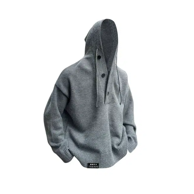 【半开衫连帽抽绳设计】赫赫良衣 美式复古痞帅高街纽扣套头长袖休闲舒适保暖宽松日常通勤时尚百搭小众高级感韩系潮牌针织衫外套 男女同款