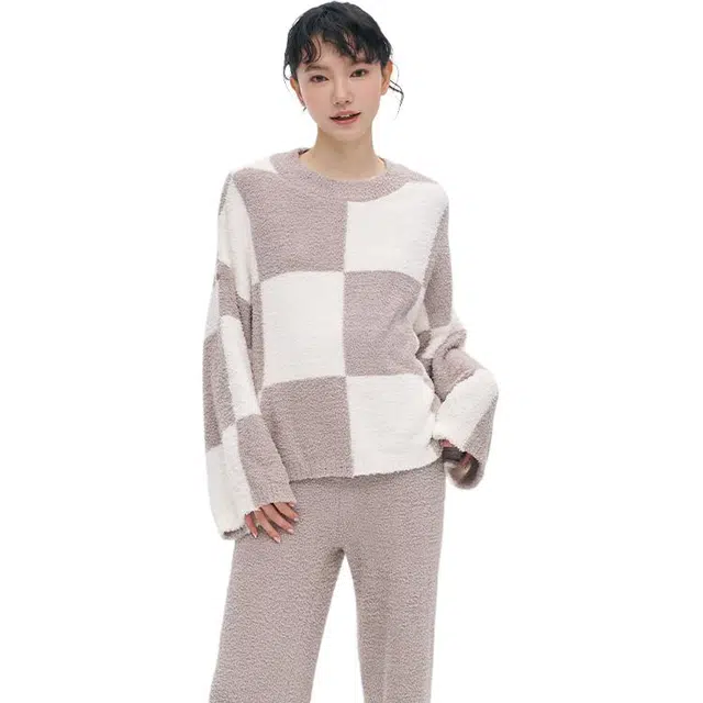 从轻 拼色长袖两件套家居服套装 女款