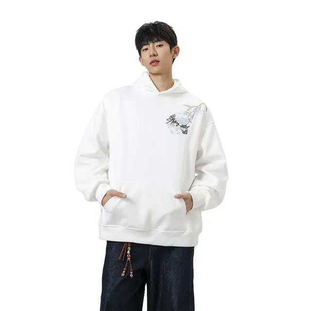 加荣 美式连肩兰花刺绣连帽秋冬季休闲宽松百搭帽衫懒惰风高级感衫设计感小众潮牌痞帅卫衣 男女同款