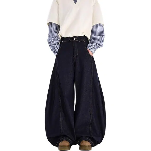 如续 美式复古风纯色简约百搭阔腿长裤低腰慵懒弛感垂感休闲拖地牛仔裤 男女同款