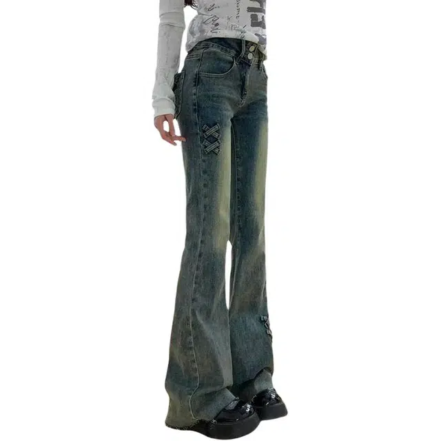 么宁 美式复古时尚设计蝴蝶结高腰双排扣显瘦喇叭裤显高辣妹穿搭马蹄裤休闲百搭牛仔裤 女款