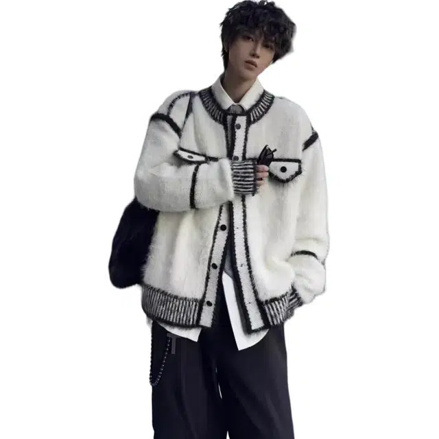 拓菲 小香风撞色毛绒开衫外套男秋冬季小众高级感宽松慵懒针织衫 男女同款