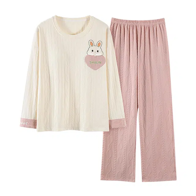 橡柠派 可爱小兔子长袖长裤两件套小清新设计感柔软学院风萌妹宽松大码带胸垫套头 睡衣套装 女款