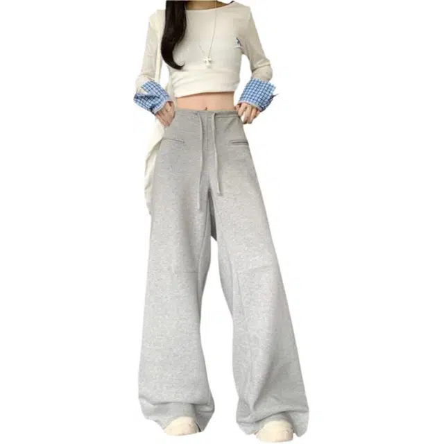 荟萃阁 设计感抽绳阔腿裤高腰垂感休闲裤 女款