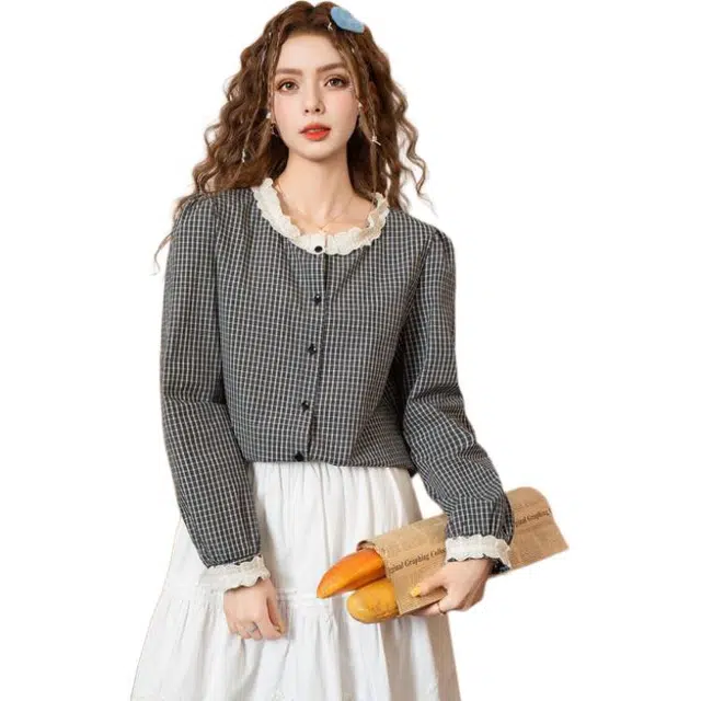 法文箱子 宽松春秋季学院风衬衫 女款