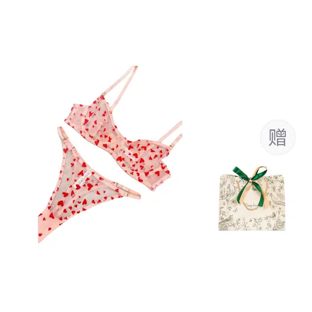 皇室品轩 植绒心形女士超薄透视文胸蕾丝性感钢圈聚拢薄款内衣裤套装 女款