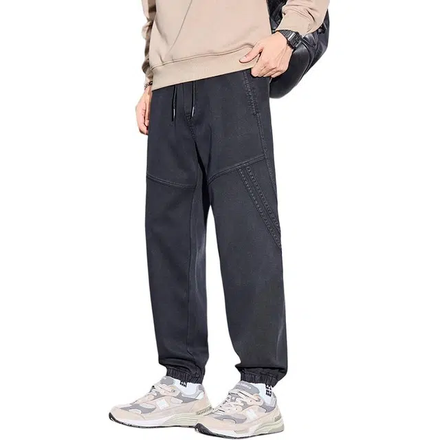 协协乐 高街机能风拼接氛围感秋冬季宽松哈伦九分束脚裤美式潮牌青少年弹力抽绳痞帅百搭休闲运动长裤工装裤 男款