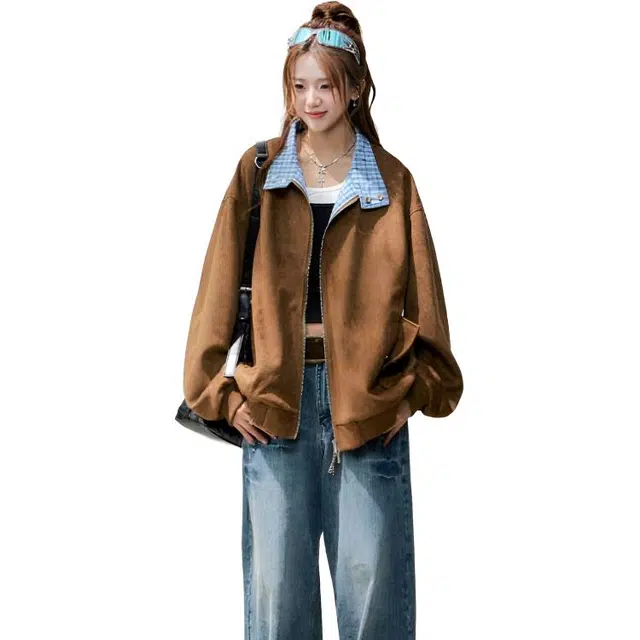 纤丝鸟 美式复古格子拼接外套时尚潮流休闲夹克棉服 女款