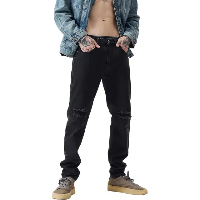 逆腾 秋季破洞裤子男美式水洗修身直筒长裤男士弹力耐磨小脚牛仔裤 男款