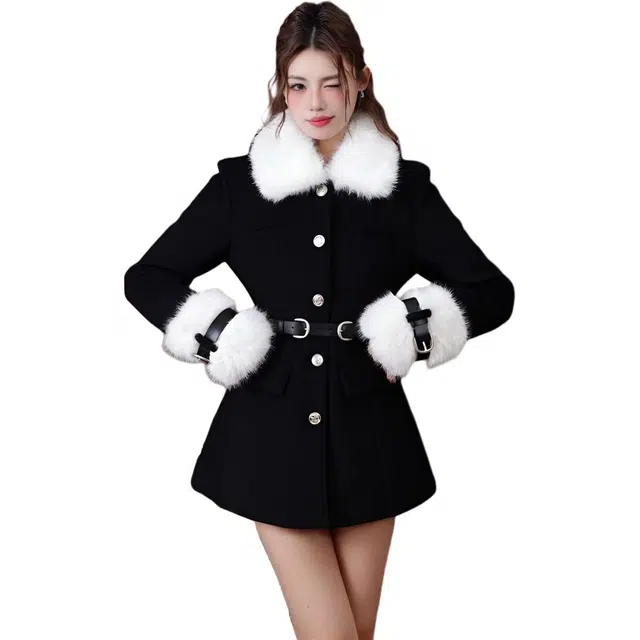 纤丝鸟 韩系学院风甜辣收腰中长款宽松时尚截短外套 女款