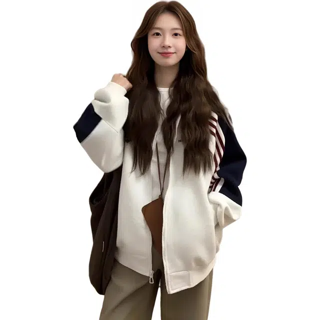 小卷要加油 条纹美式复古撞色拉链外套女春秋薄款宽松慵懒风棒球服开衫潮卫衣 女款