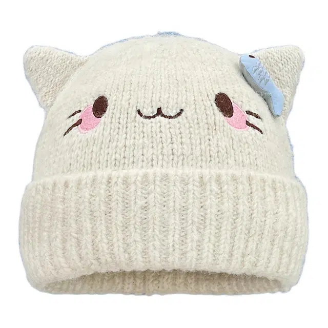 木林森 甜美可爱猫咪小鱼保暖百搭套头帽学生百搭帽子 针织 绒线帽 男女同款情侣款