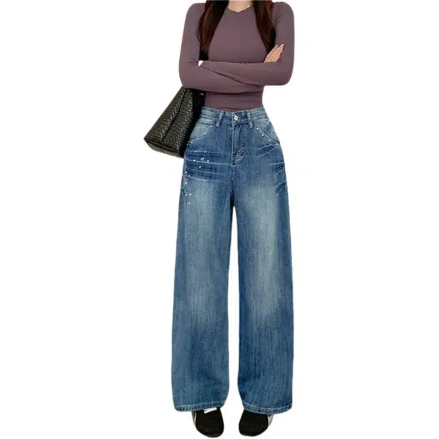 荟萃阁 美式复古铆钉水洗闪电直筒做旧辣妹阔腿长牛仔裤 女款