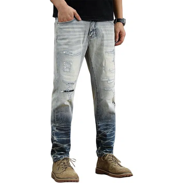 遨宇 美式复古潮牌破洞极简修身小脚做旧痞帅休闲百搭九分牛仔裤 男款