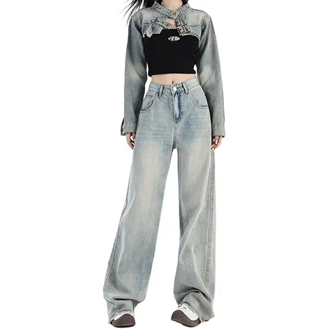 如续 毛边设计感美式阔腿裤女高腰宽松显瘦百搭牛仔裤 女款