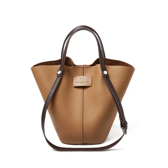 纳兰杜 复古时尚百搭通勤经典气质简约 头层牛皮拼合成革 水桶包手提包 女款 盐卡色