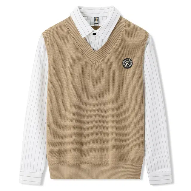 空白町 简约百搭宽松休闲假两件衬衫拼接轻奢韩系条纹无性别主义高级感基础款翻领套头高智老钱风痞帅文雅针织衫 男女同款