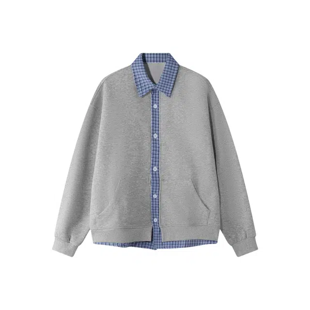 虫小绿 假两件美式高街宽松舒适百搭潮流单排扣外套小众设计日常通勤个性落肩袖翻领拼接格子休闲长袖开衫卫衣 男女同款