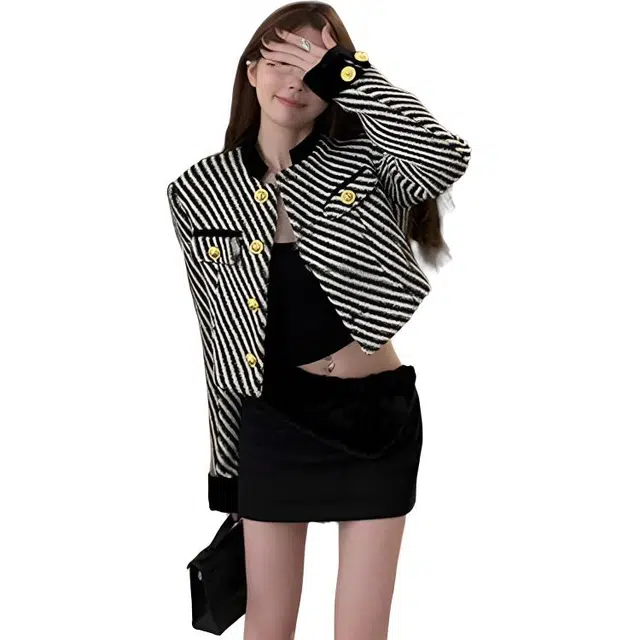 纤丝鸟 设计感小香风复古气质小个子短款立领上衣洋气截短外套 女款