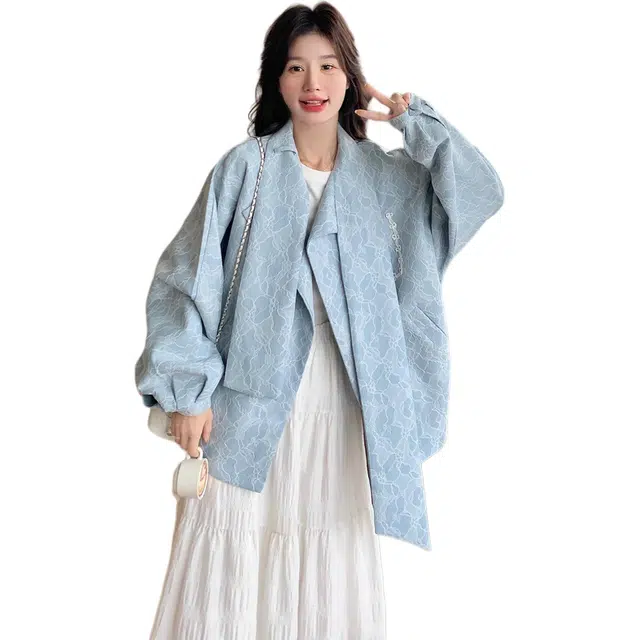 小卷要加油 蓝色外套女秋季韩系高级感翻领穿搭减龄小个子短款上衣夹克 女款